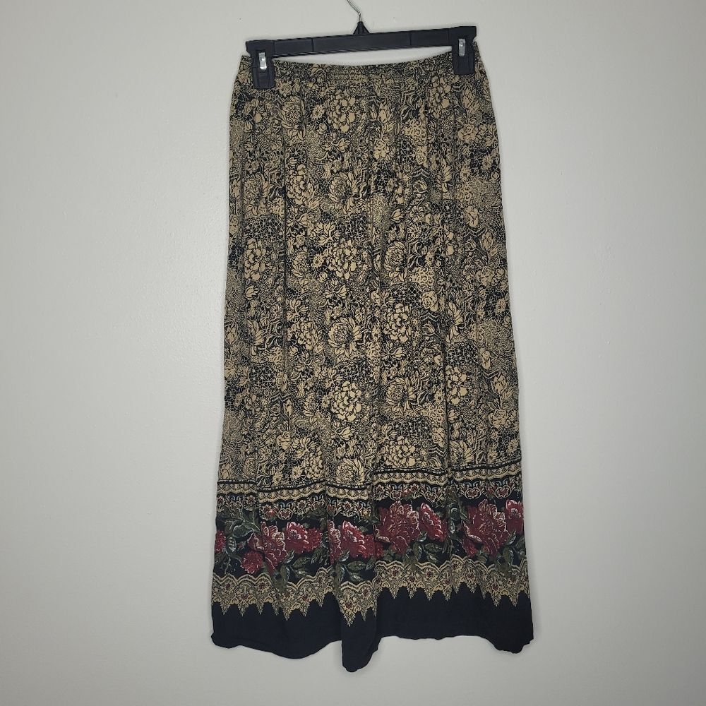 vintage 90s dark Romantic pull on elastic waist floral maxi midi skirt size med - Picture 3 of 7